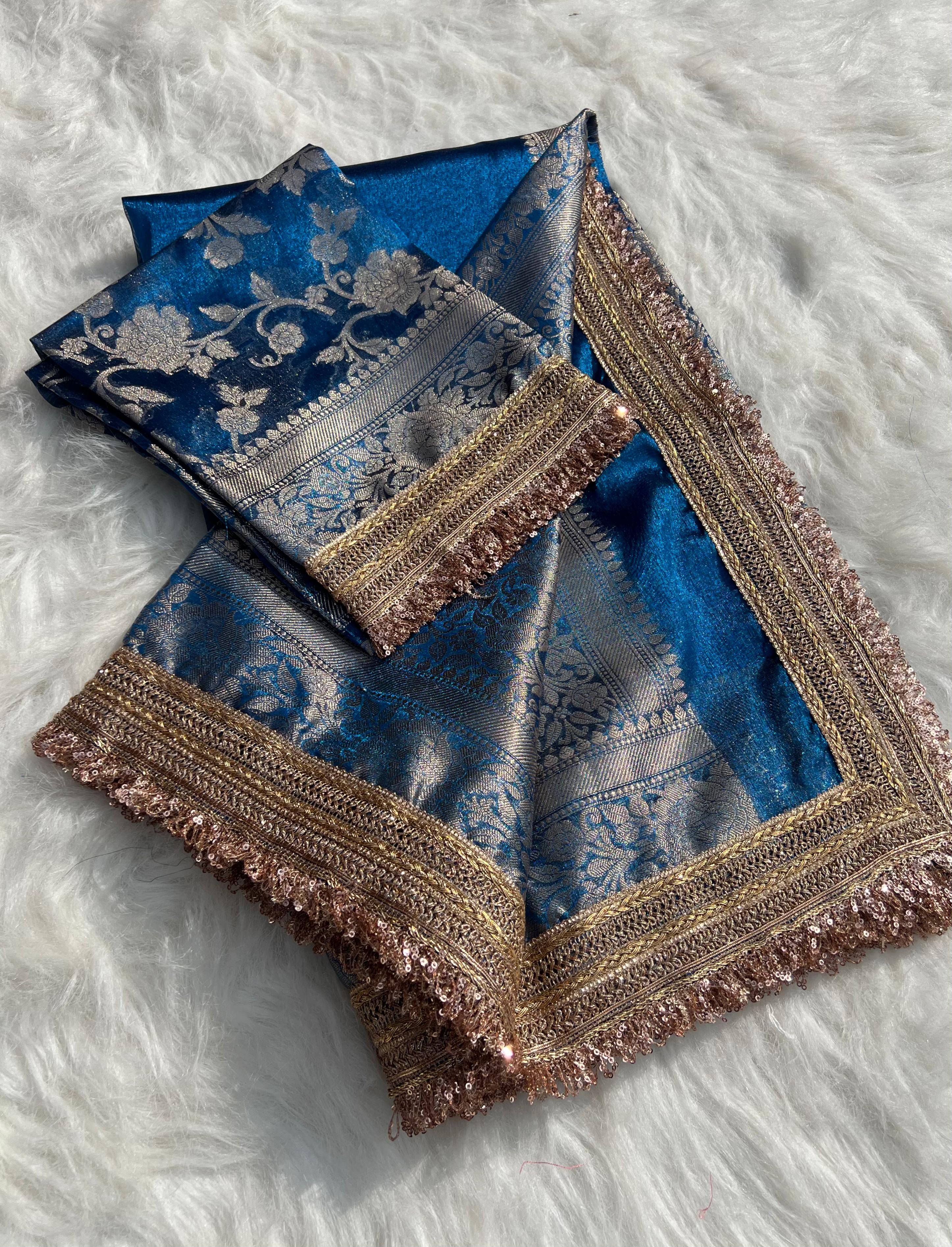 RangDhaaga Sky Blue Banarasi Tissue Silk Saree with Rich Pallu and Lacework