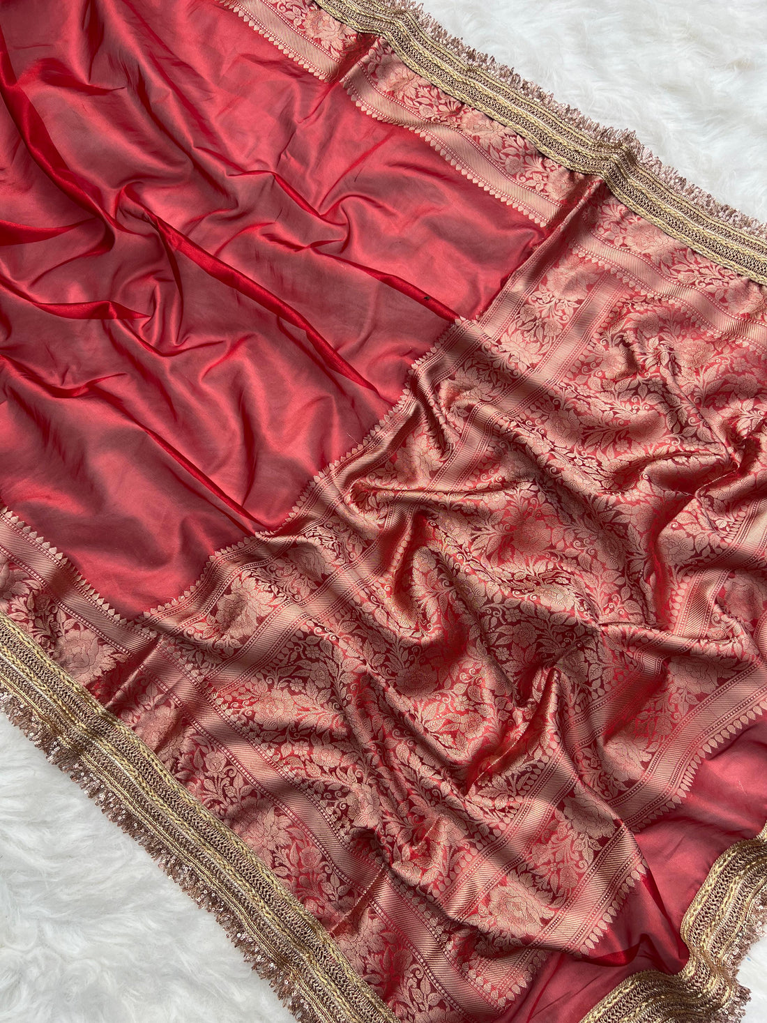 RangDhaaga Red Banarasi Tissue Silk Saree with Rich Pallu and Lacework