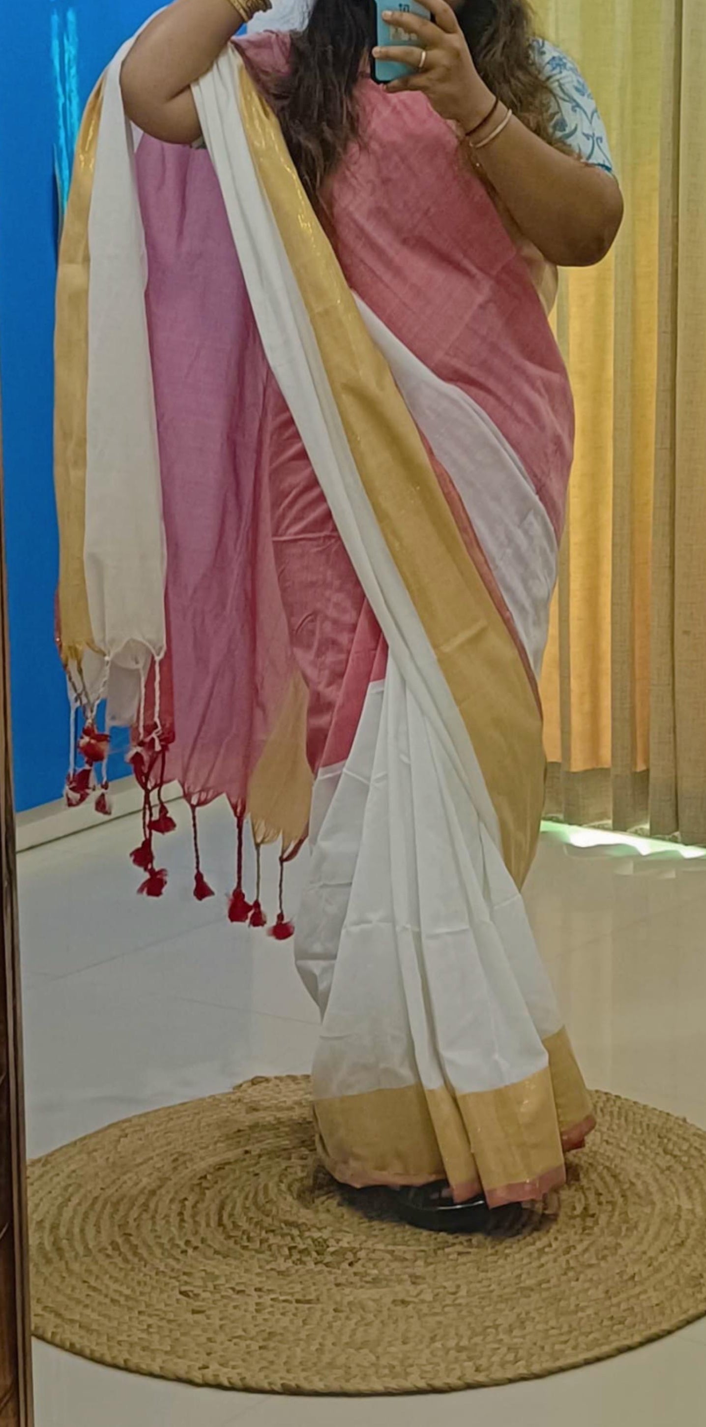 Rangdhaaga White with pink Linen cotton Saree with golden pink Border