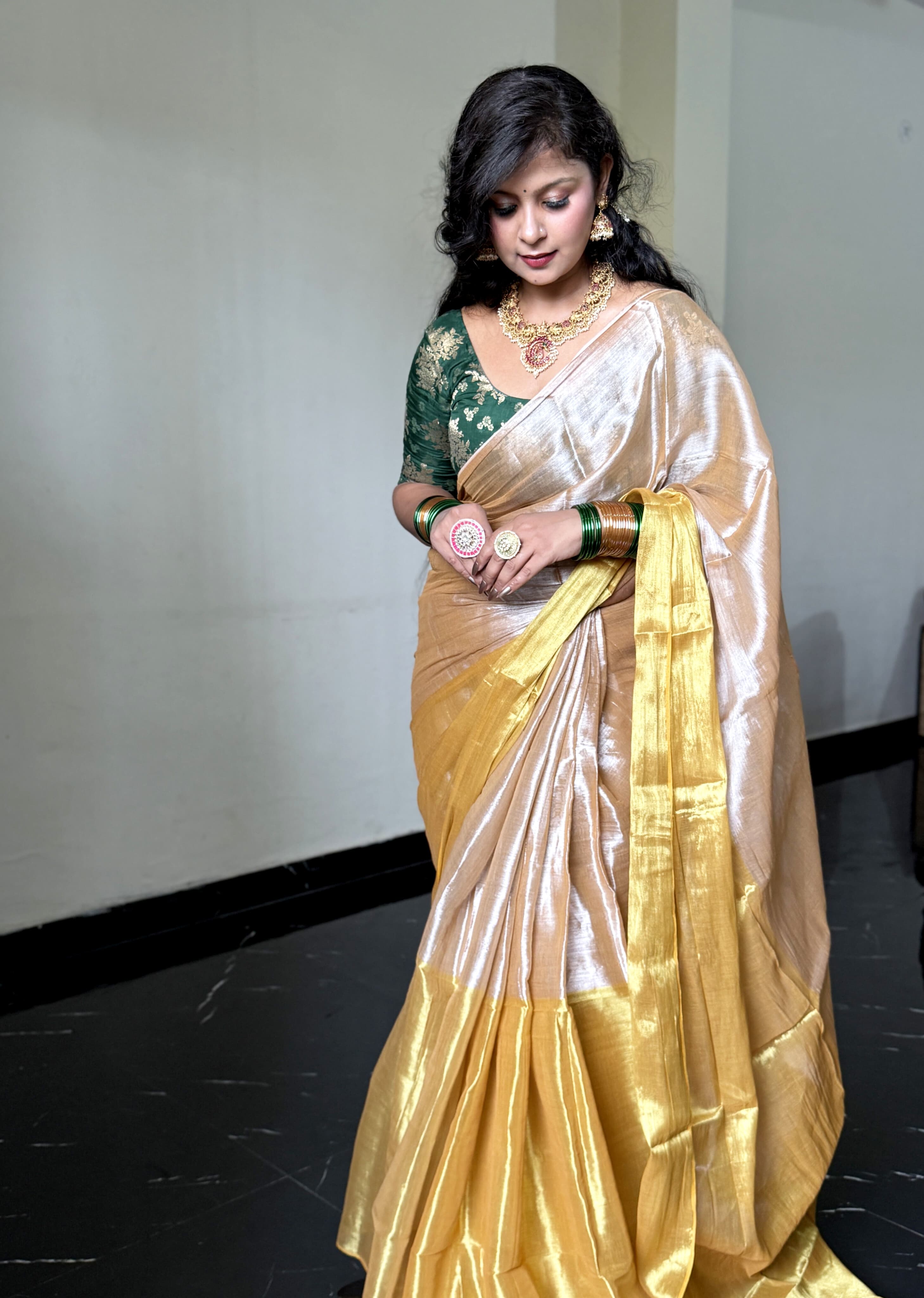 RangDhaaga Beige golden Raga Tissue Saree by Vanshika