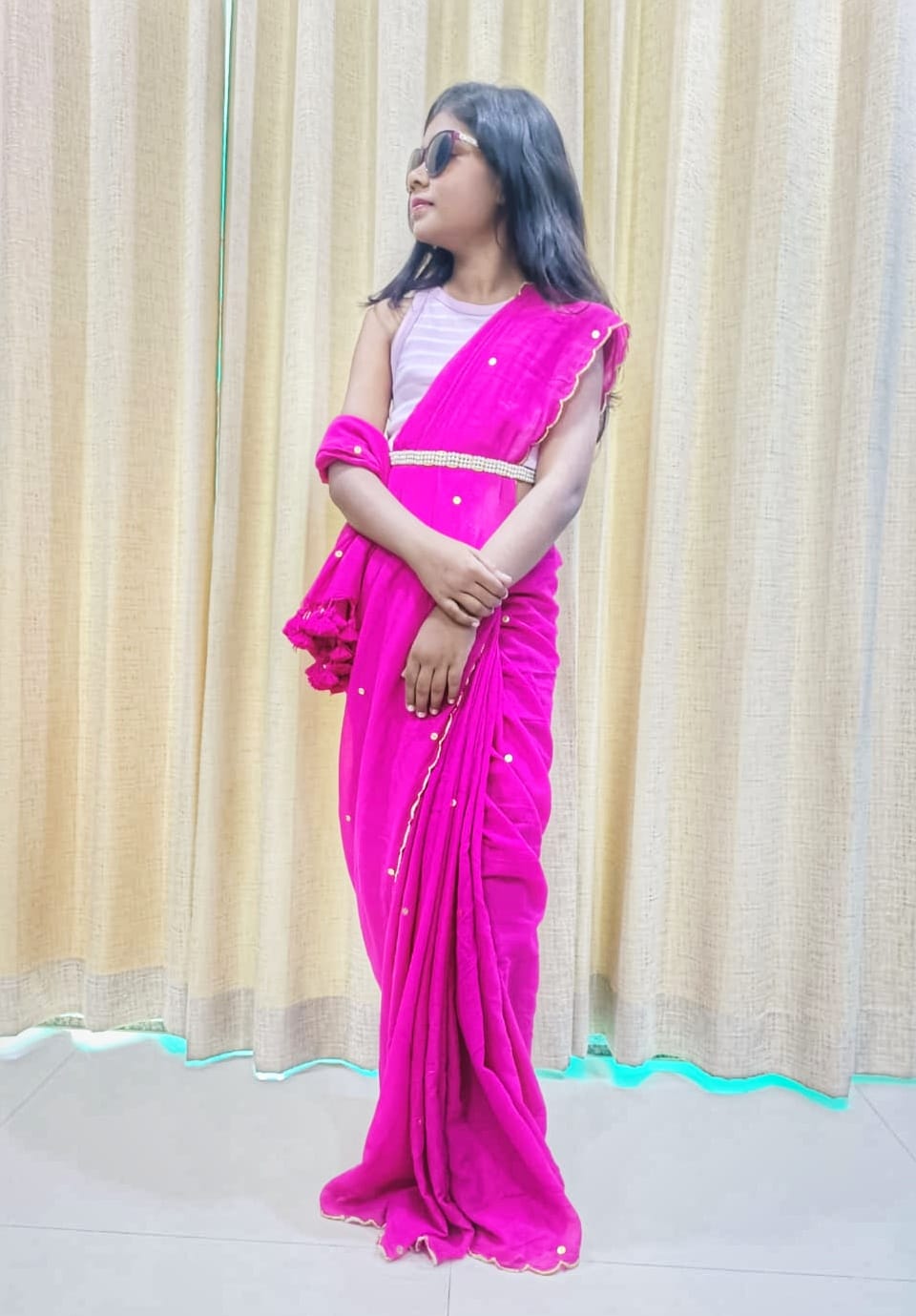 Rangdhaaga Pink Sequined Mulmul Cotton Saree