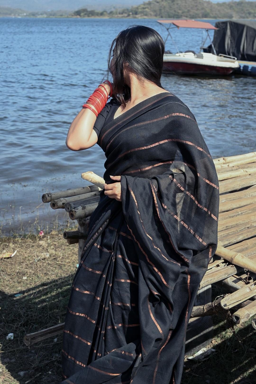 Rangdhaaga  Black with copper zari lining cotton saree by simran