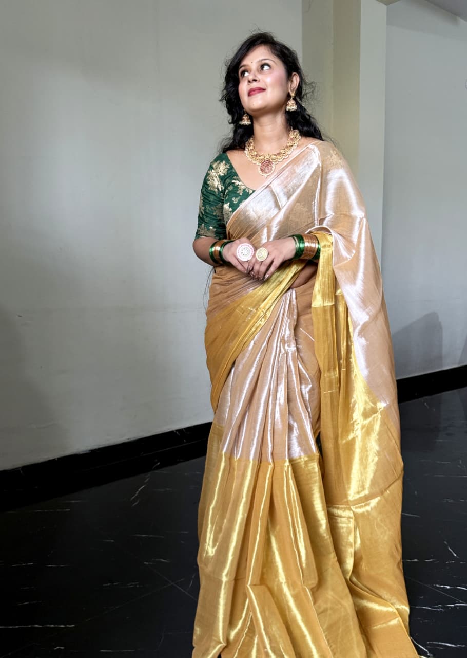 RangDhaaga Beige golden Raga Tissue Saree by Vanshika