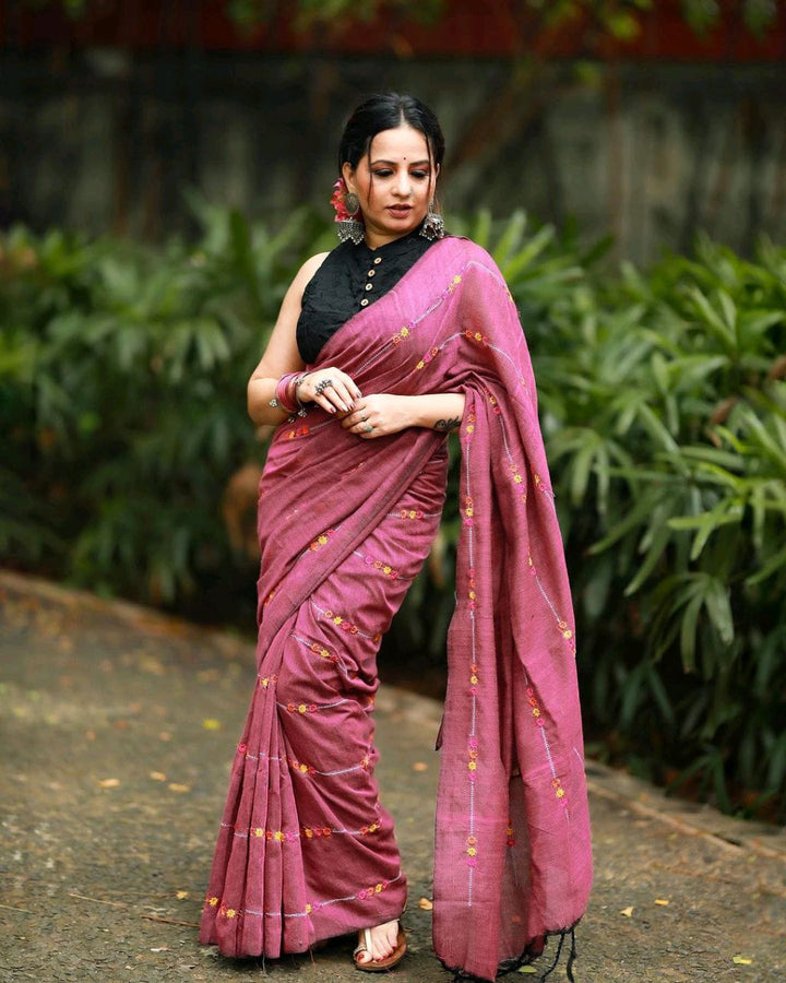 Rose Pink Embroidery Khadi Saree