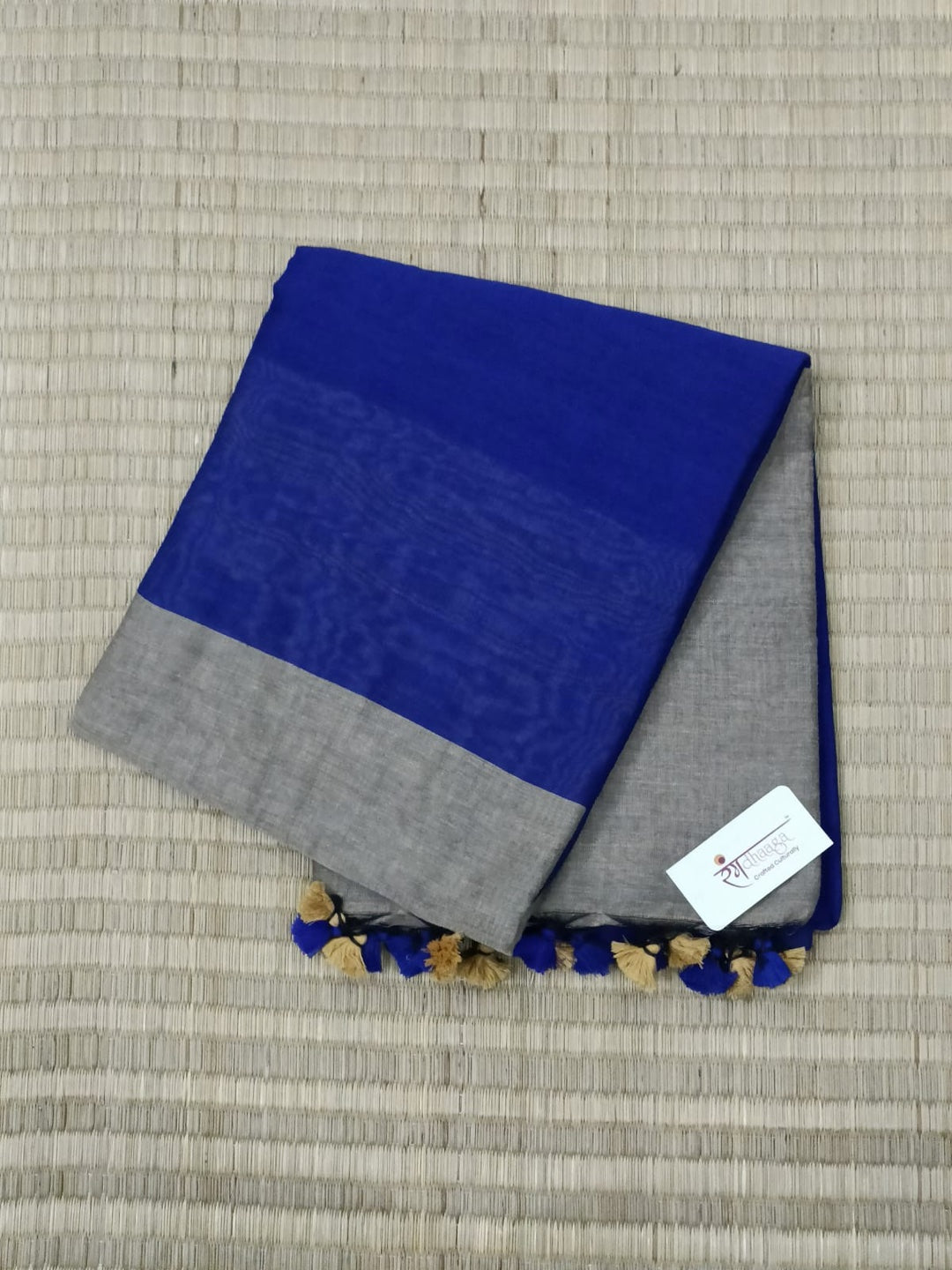 Royal Blue Hand Woven Pure Khadi Dual Colour Pompom Saree