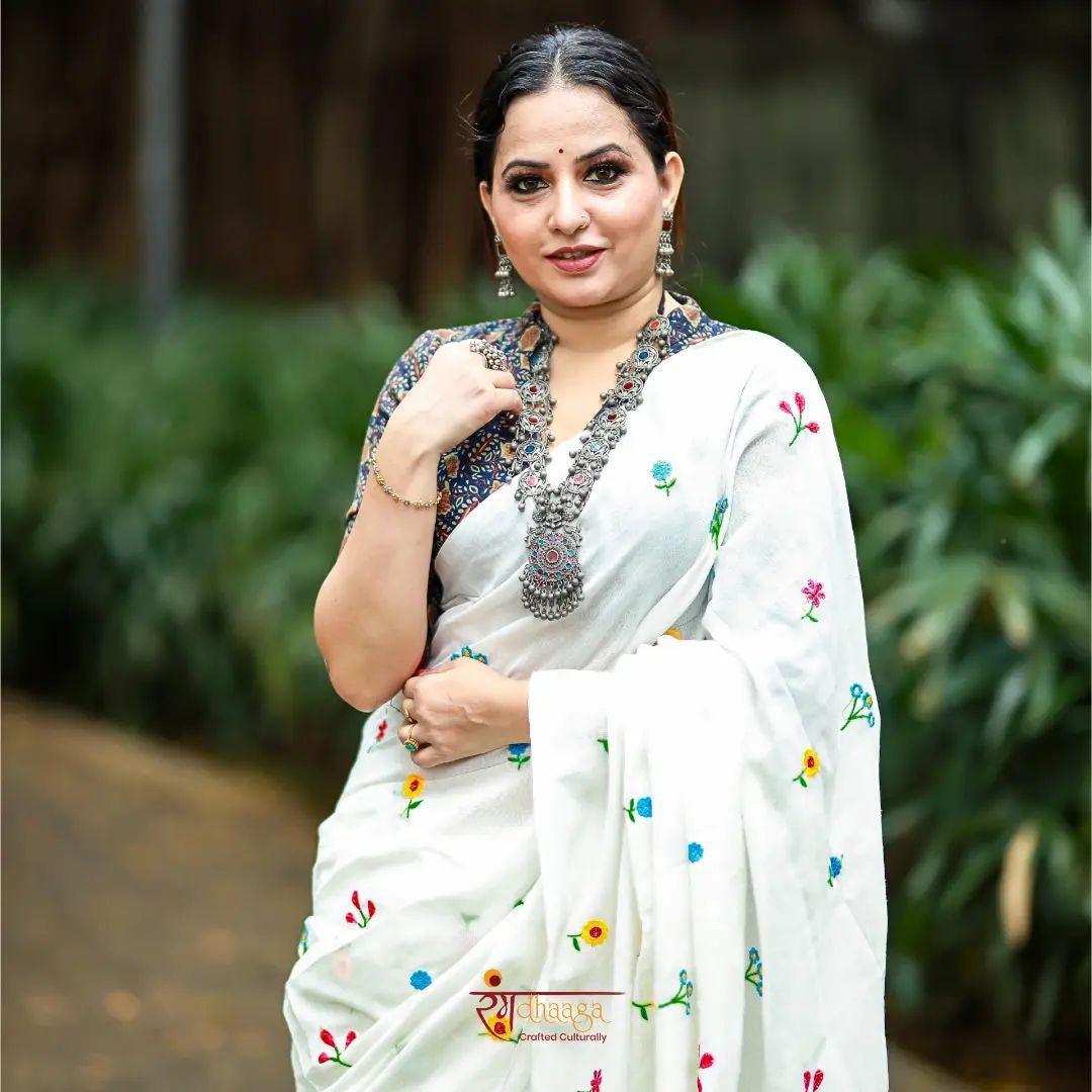 White Embroidery Khadi Saree