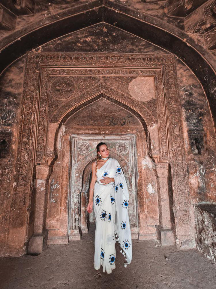 White With Blue Evil Eye Hand Painted Saree