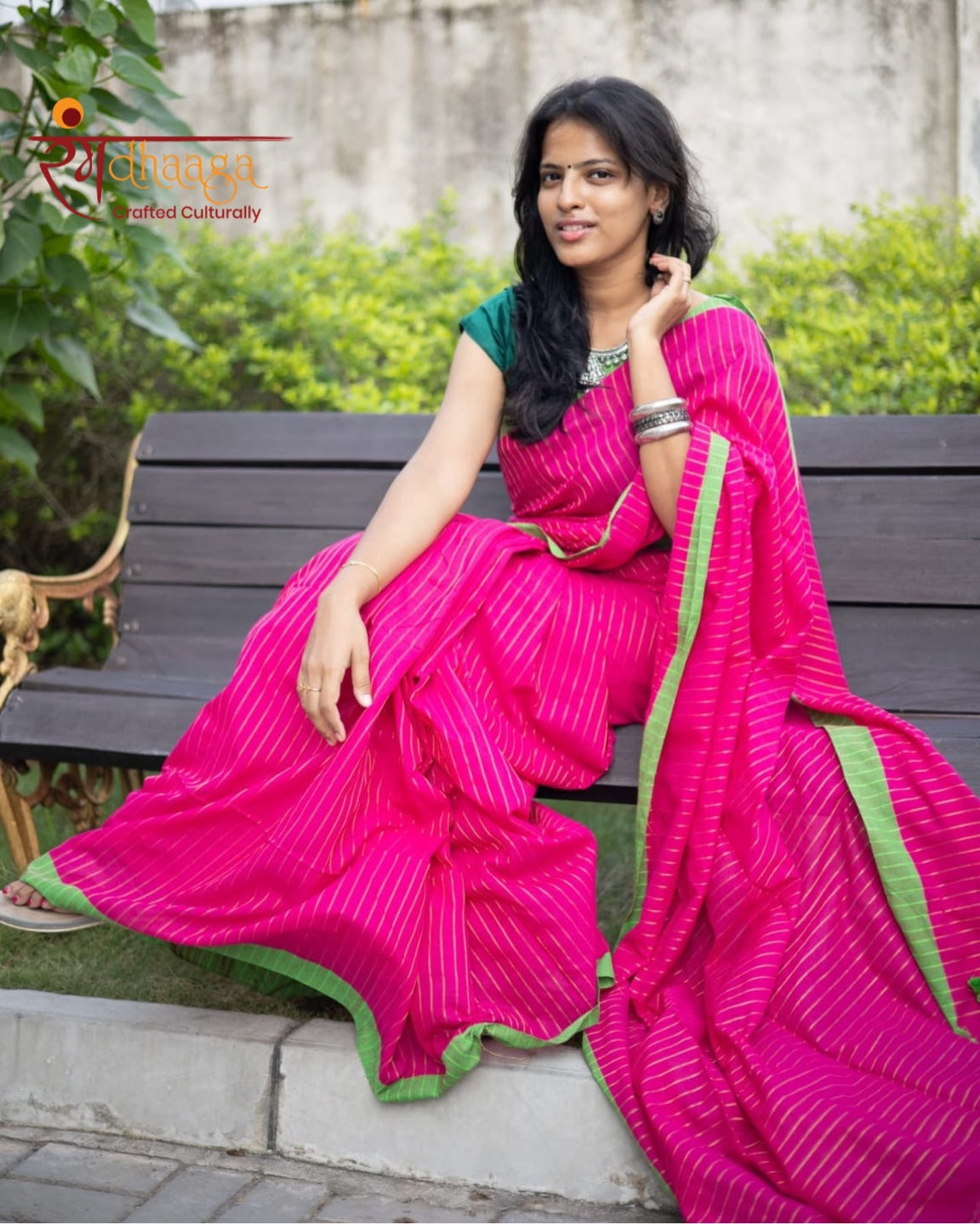 pink and apple green border zari lining cotton saree